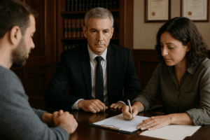 Courtroom scene illustrating the difference between a suspect and an accused in criminal law.