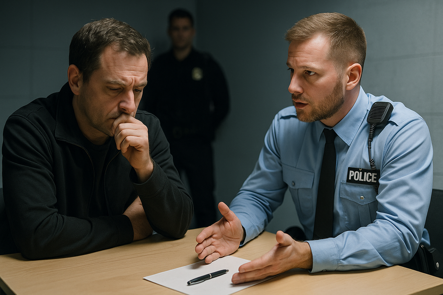 Person contemplating whether to speak or remain silent during a police investigation.